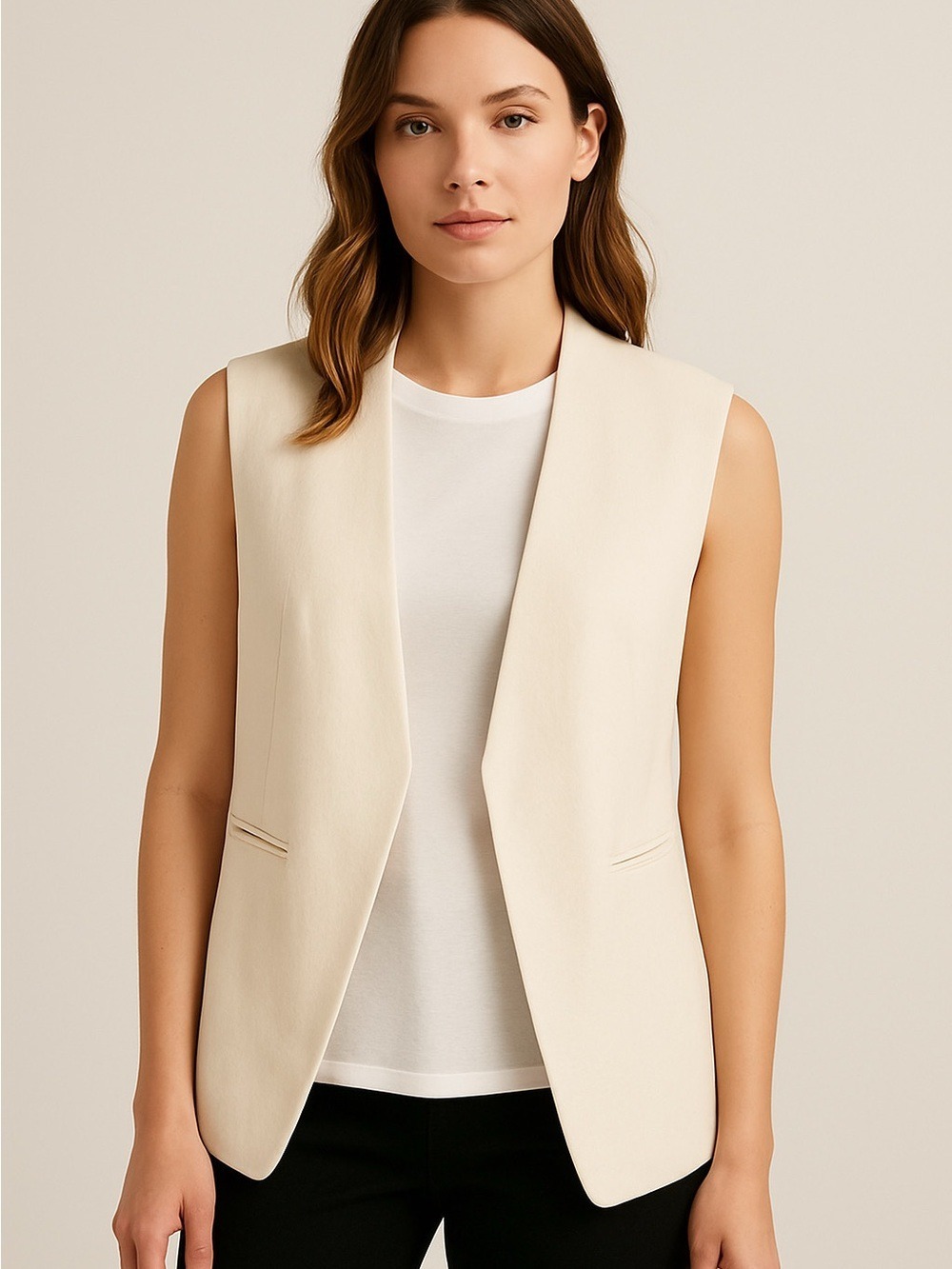 Zara sleeveless open front blazer linen blend vest lined pockets ivory size smal